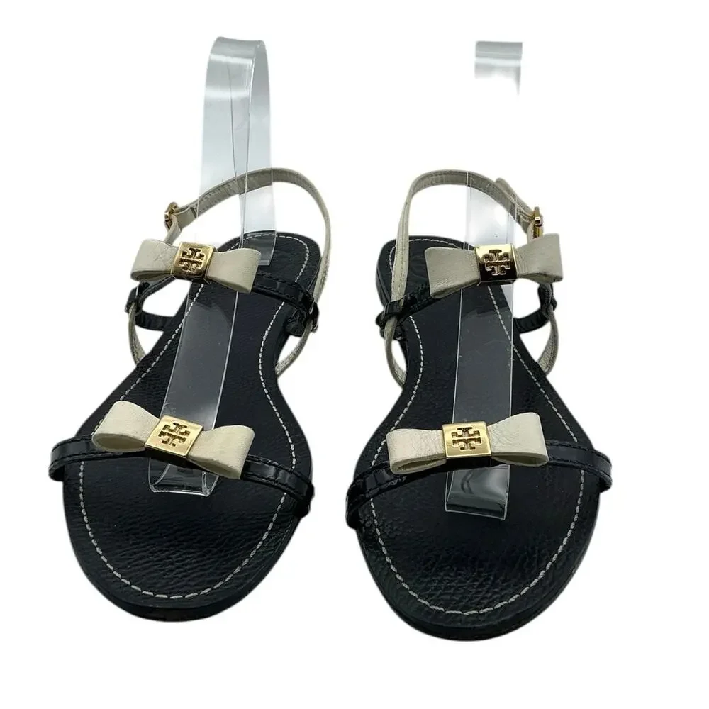 Tory Burch Kailey Bow Strappy Sandal Leather Black Cream Logo 10‎